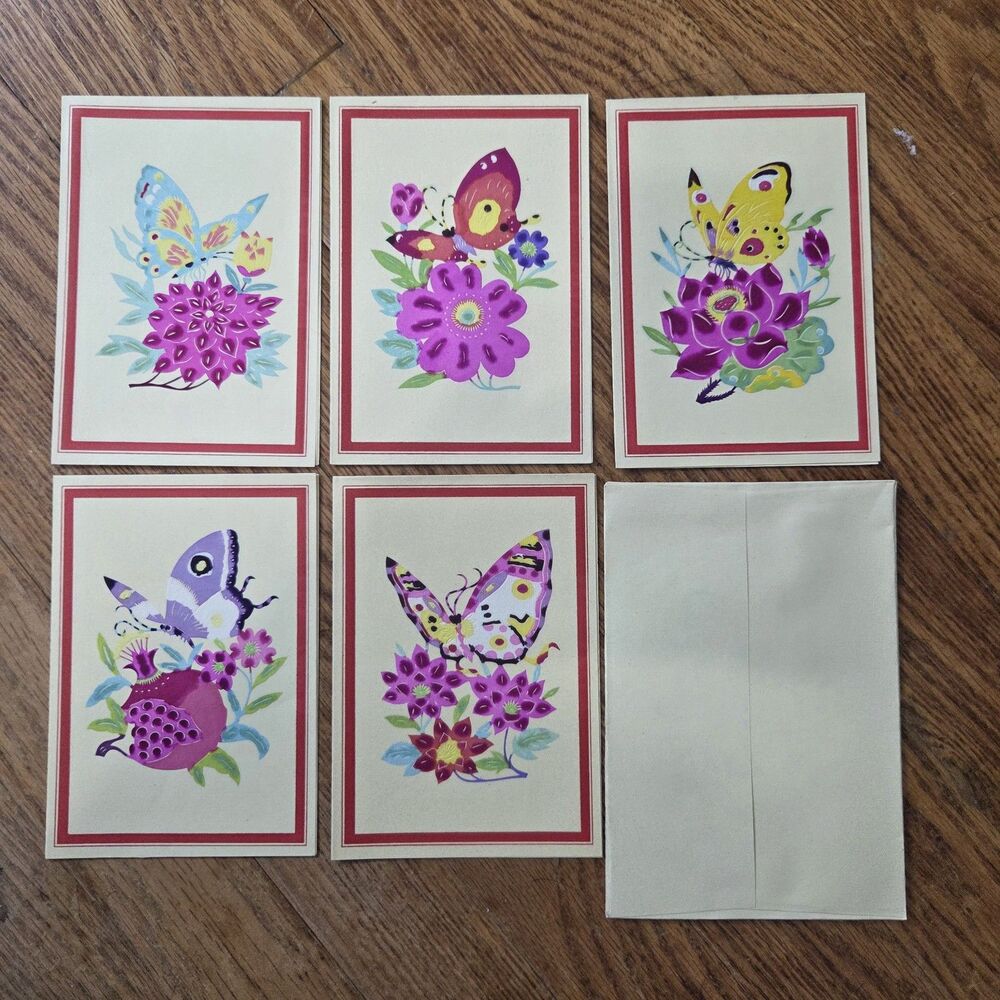 Vintage Chinese Paper Cut Art Cards Set of 5 Butterflies Flowers Jianzhi